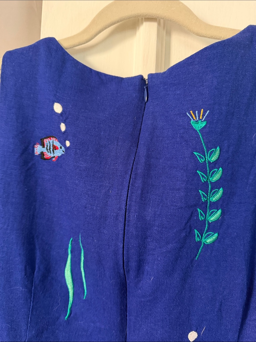 Vintage Royal Blue Embroidered Fish Linen Blend Shift Dress Size 6 - Picture 8 of 8